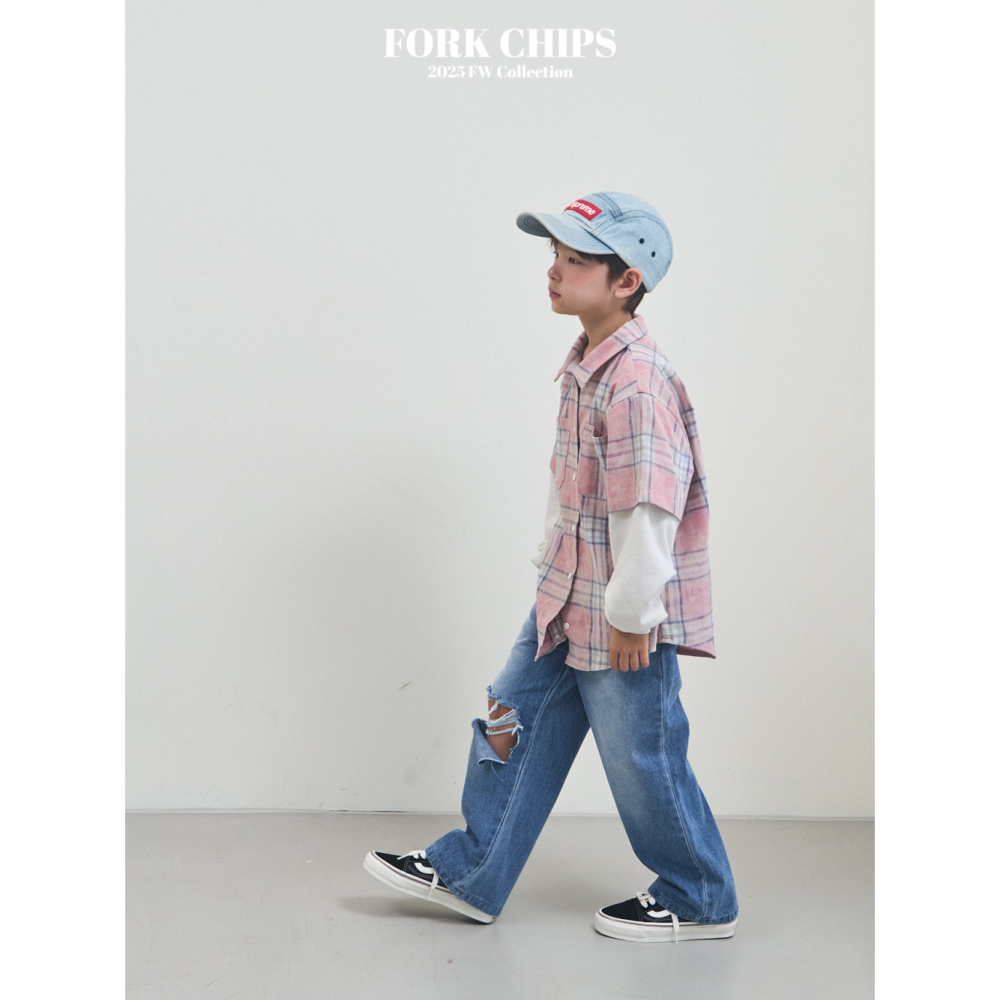 正韓童裝 Forkchips 假二件雙線格子復古襯衫-細節圖6