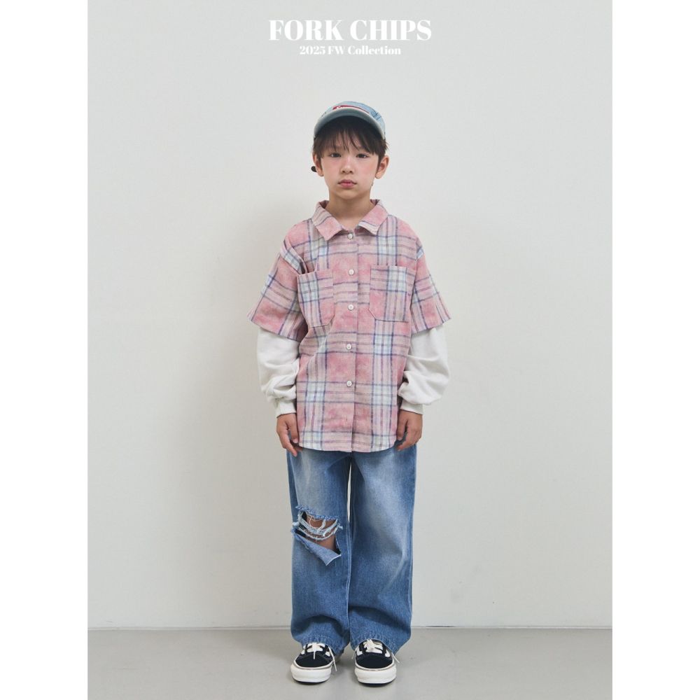 正韓童裝 Forkchips 假二件雙線格子復古襯衫-細節圖7