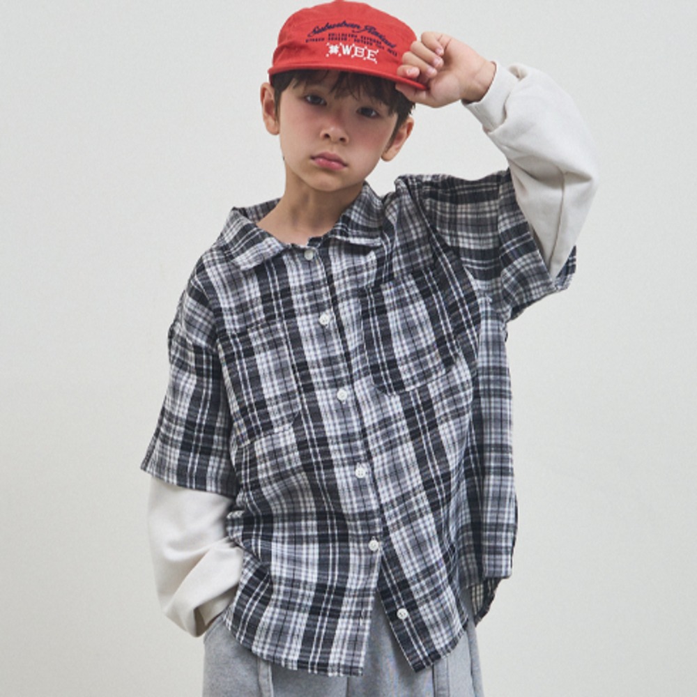 正韓童裝 Forkchips 假二件雙線格子復古襯衫-細節圖10
