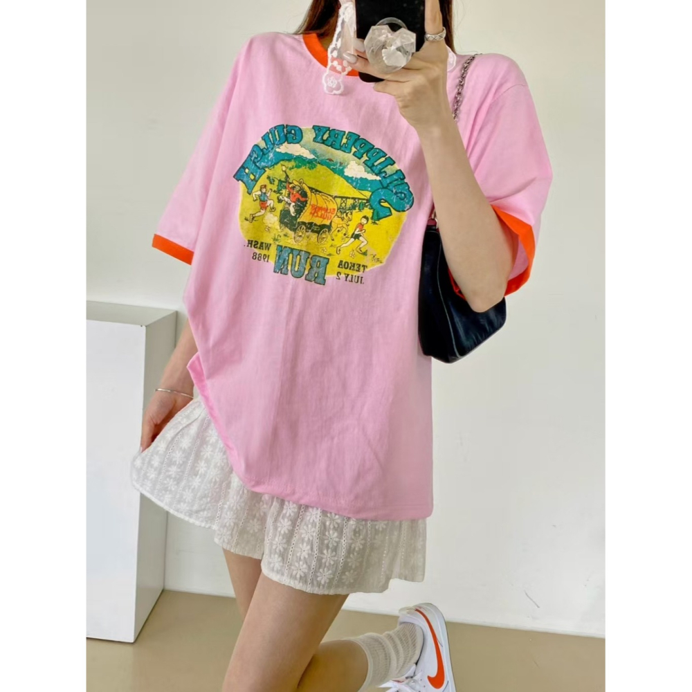 韓國女裝 N9ck 美式印撞色T恤上衣-細節圖2