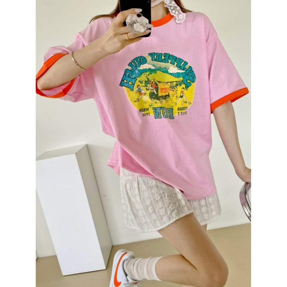 韓國女裝 N9ck 美式印撞色T恤上衣-細節圖3