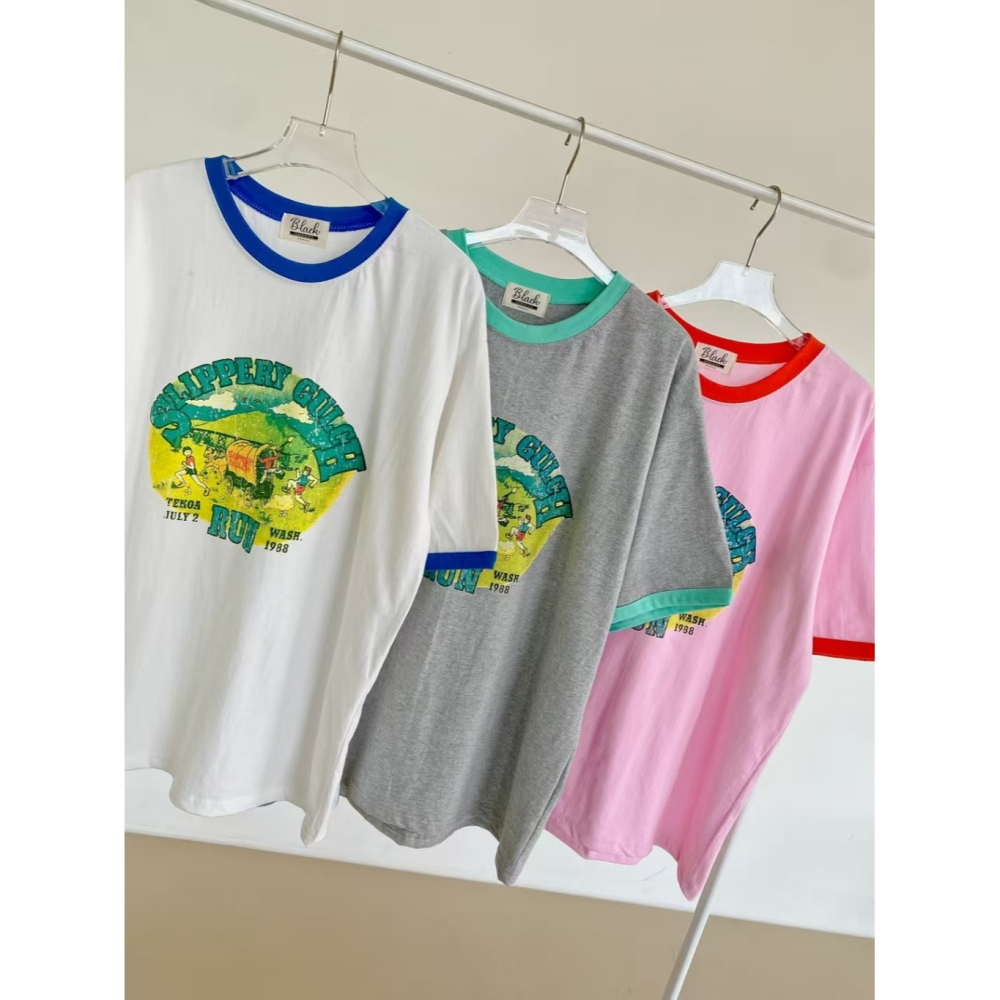 韓國女裝 N9ck 美式印撞色T恤上衣-細節圖4