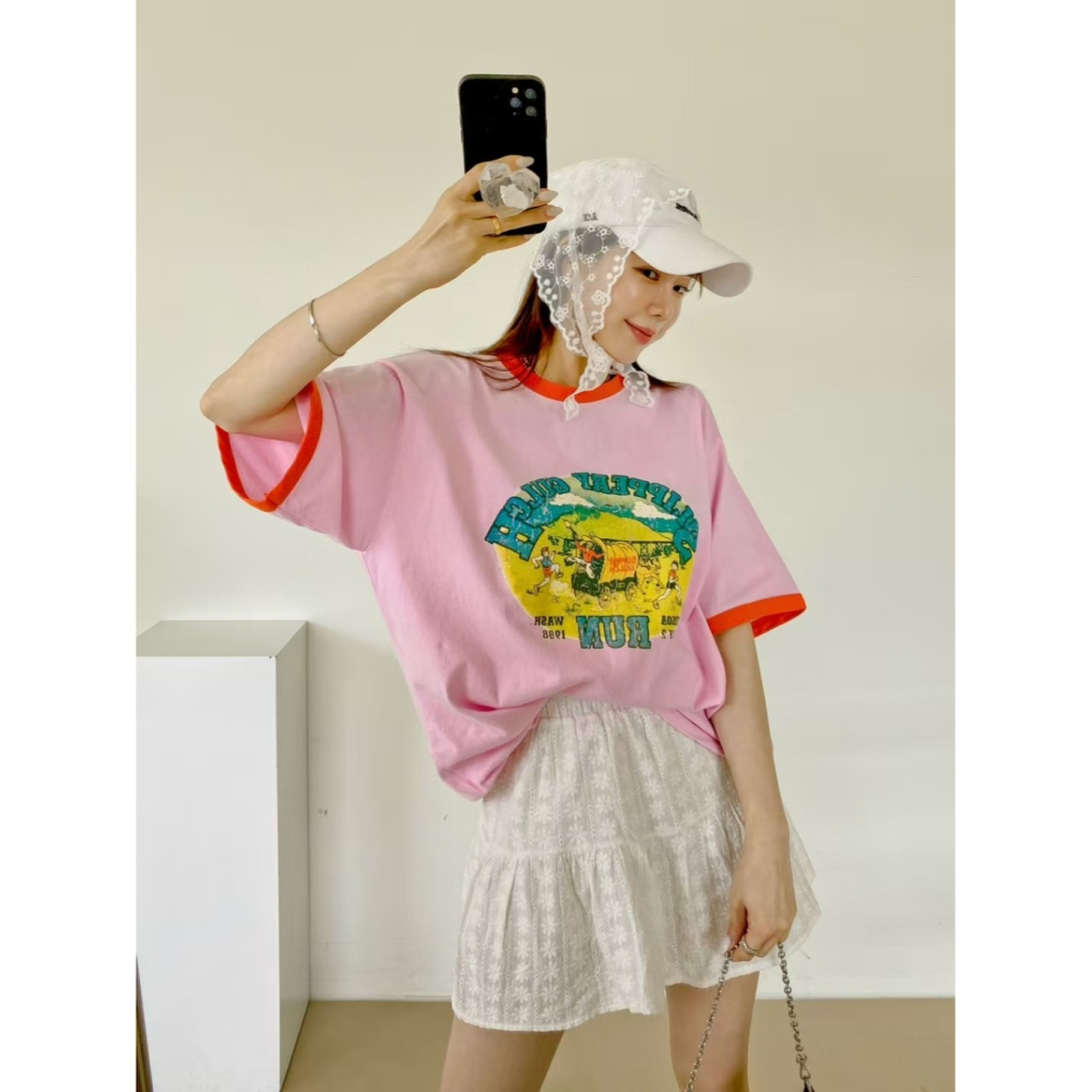 韓國女裝 N9ck 美式印撞色T恤上衣-細節圖5