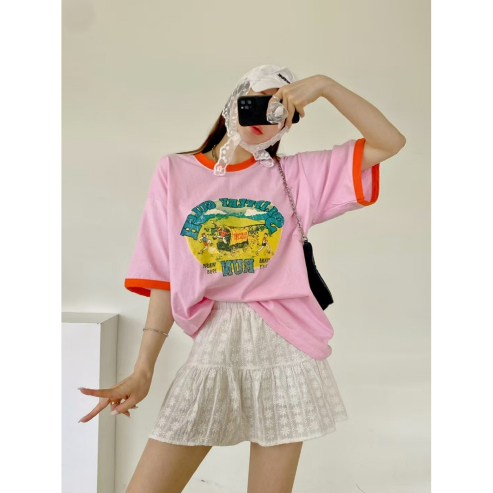 韓國女裝 N9ck 美式印撞色T恤上衣-細節圖6