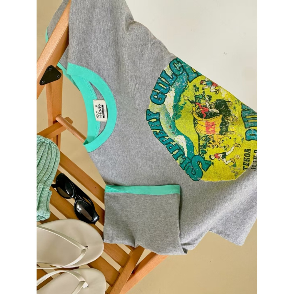 韓國女裝 N9ck 美式印撞色T恤上衣-細節圖9