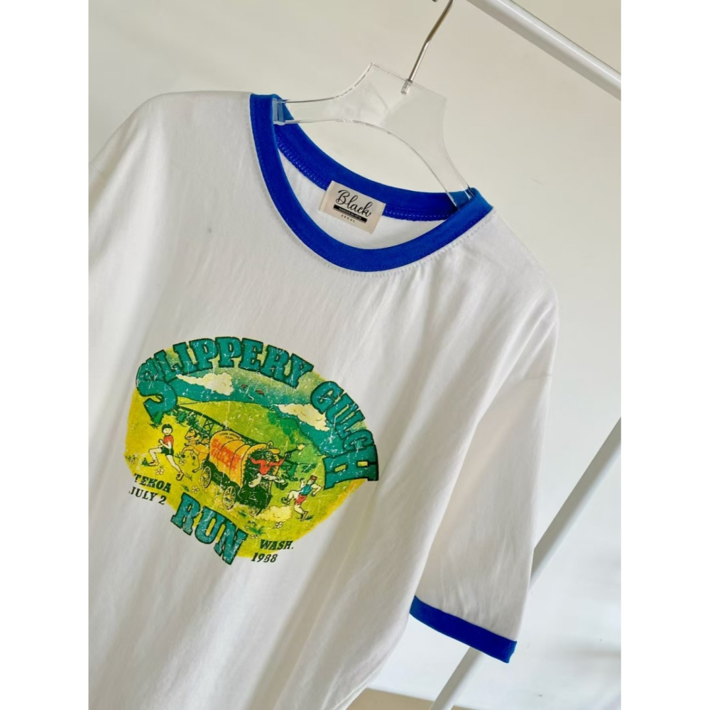 韓國女裝 N9ck 美式印撞色T恤上衣-細節圖11