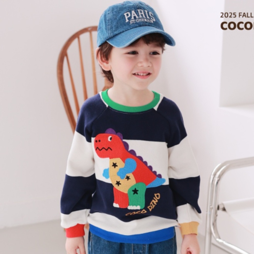 正韓童裝 COCO RABBIT 繽紛暴龍橫條紋大學T-細節圖2