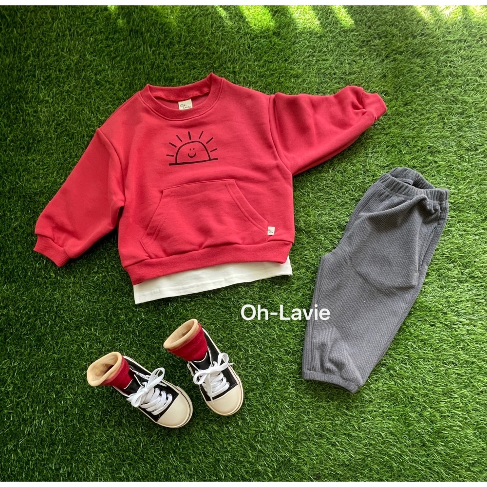 正韓童裝 Oh Lavie 微笑太陽口袋大學T-細節圖3