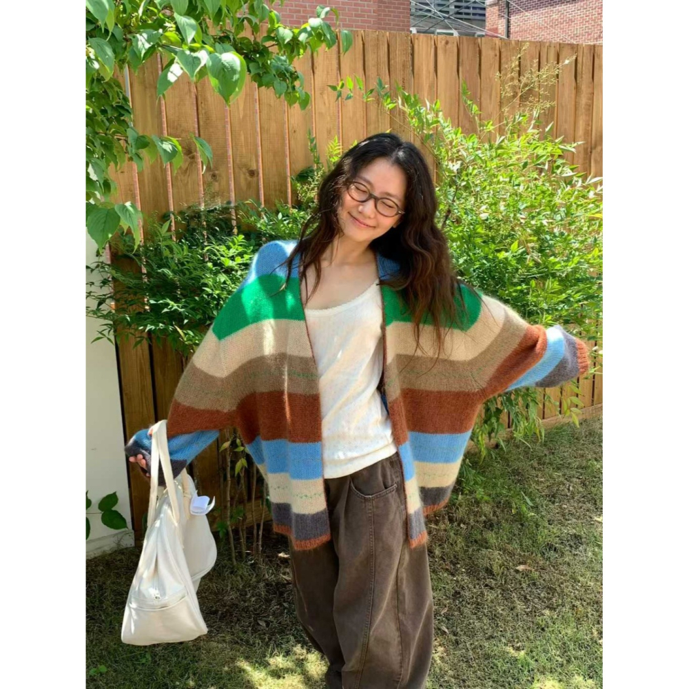 韓國女裝 Vent 彩虹馬海毛彩色條紋開襟衫-細節圖5