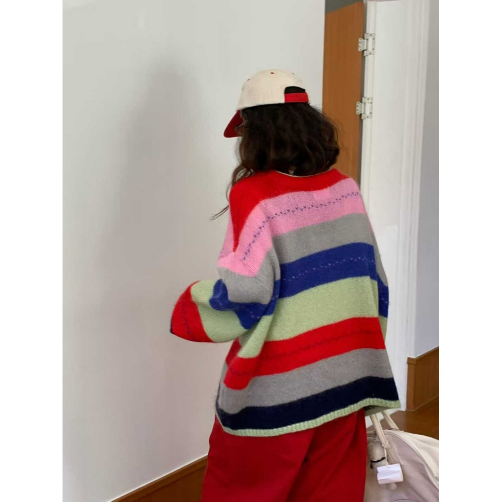 韓國女裝 Vent 彩虹馬海毛彩色條紋開襟衫-細節圖7