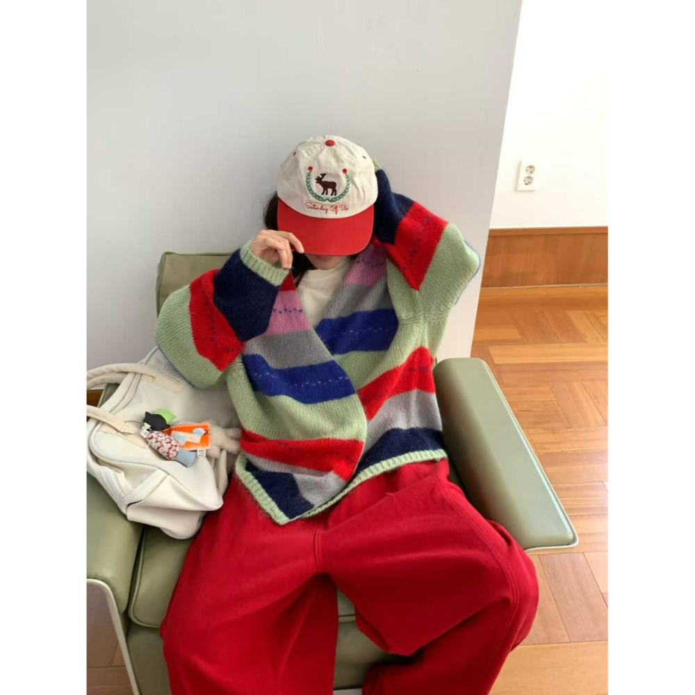 韓國女裝 Vent 彩虹馬海毛彩色條紋開襟衫-細節圖8