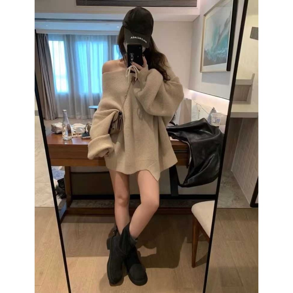 韓國女裝 Minette 寬鬆慵懶風一字領斜肩毛衣-細節圖6