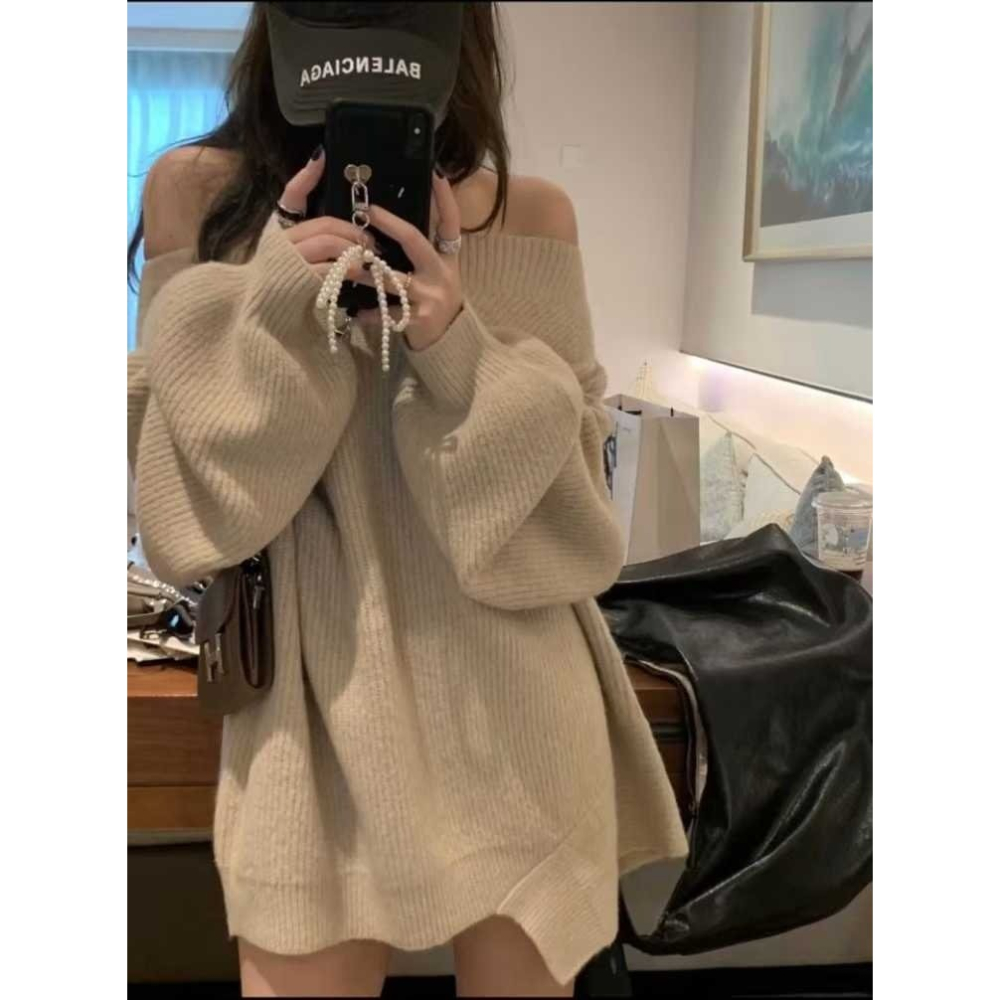 韓國女裝 Minette 寬鬆慵懶風一字領斜肩毛衣-細節圖7