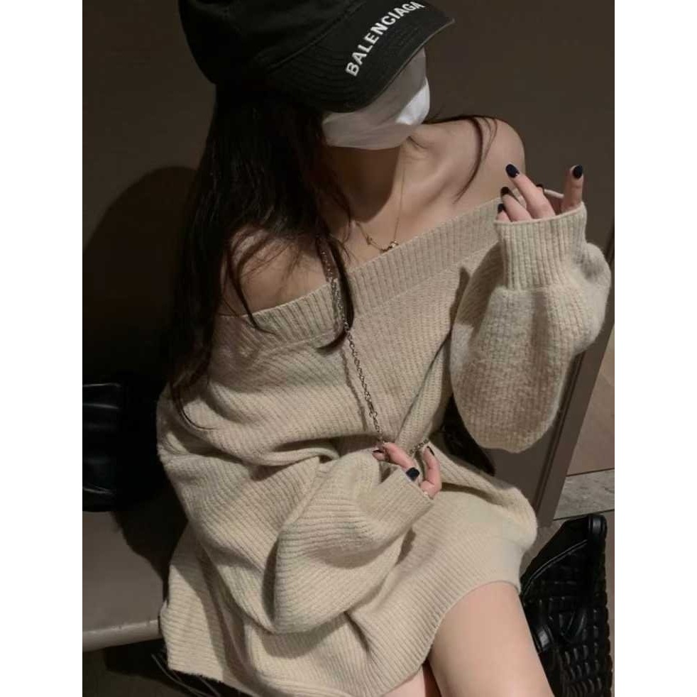 韓國女裝 Minette 寬鬆慵懶風一字領斜肩毛衣-細節圖8