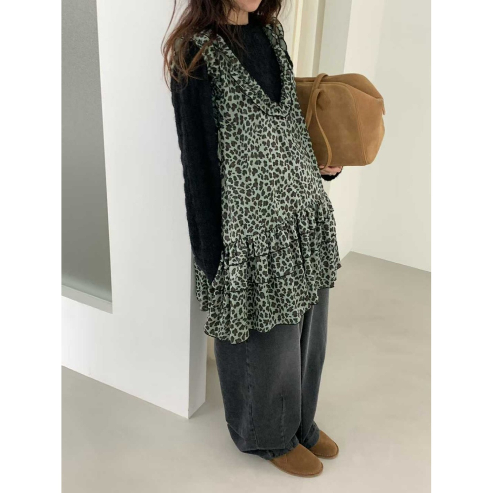 韓國女裝 Venti  豹紋層次蕾絲滾邊背心裙-細節圖2