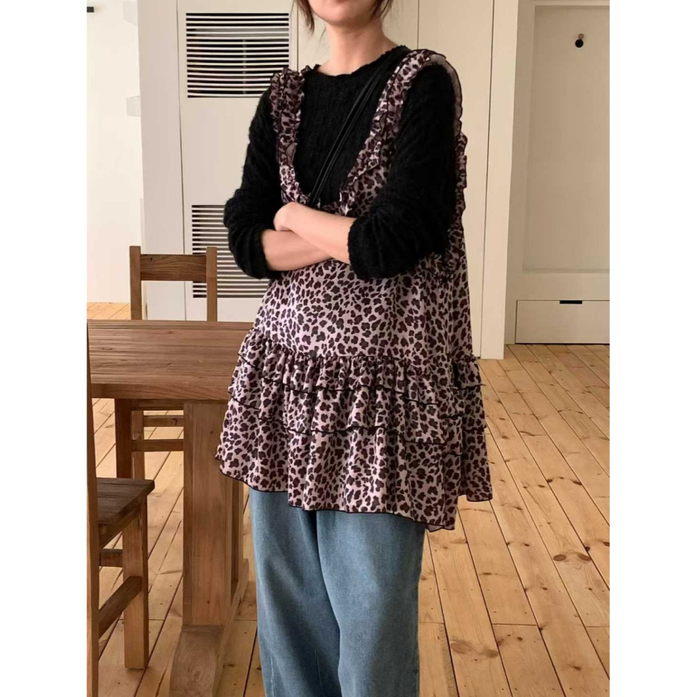 韓國女裝 Venti  豹紋層次蕾絲滾邊背心裙-細節圖3