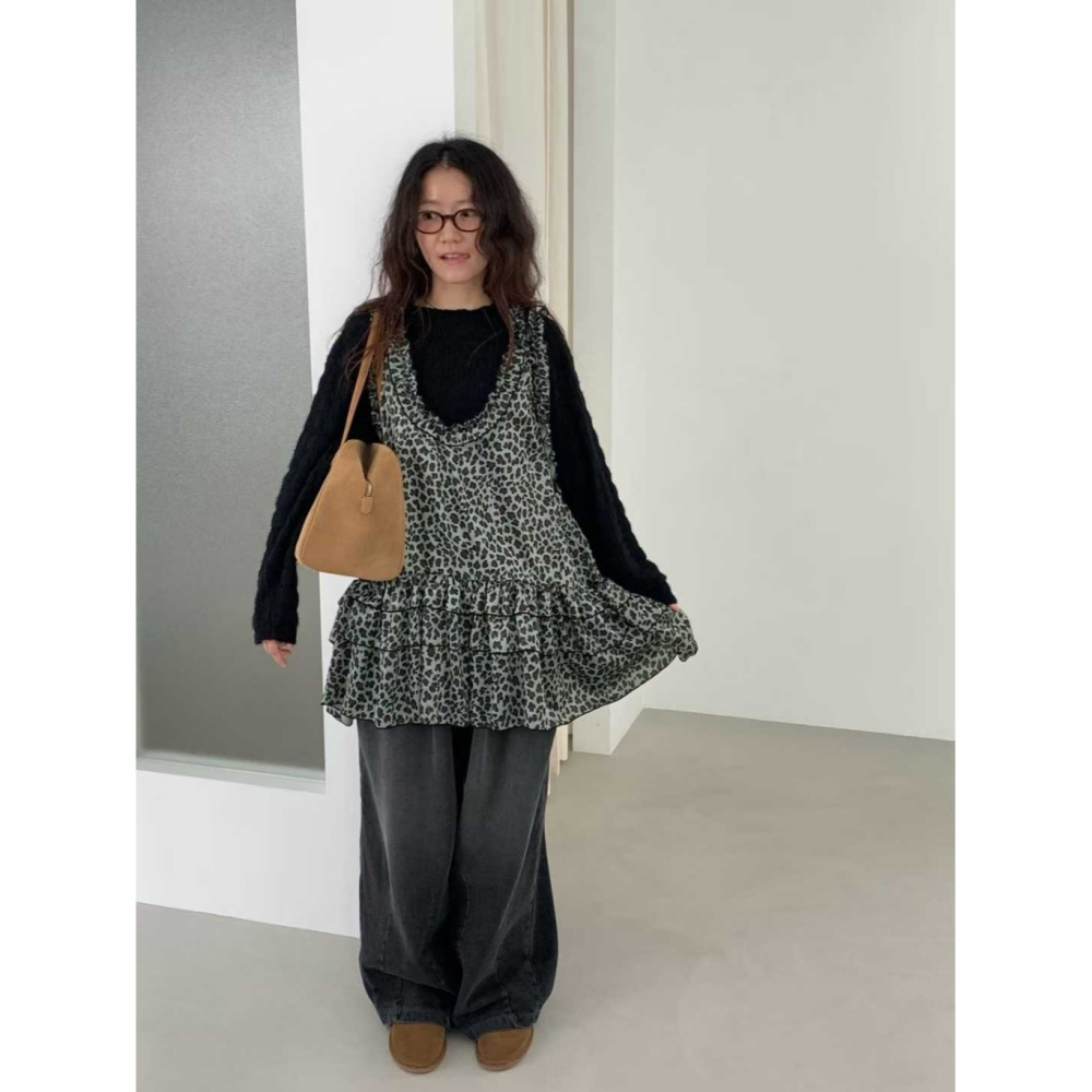 韓國女裝 Venti  豹紋層次蕾絲滾邊背心裙-細節圖4