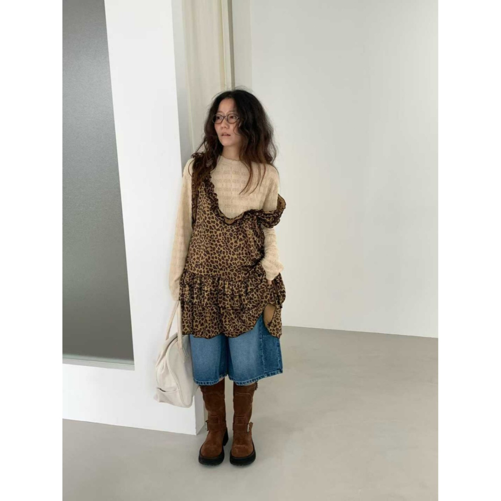 韓國女裝 Venti  豹紋層次蕾絲滾邊背心裙-細節圖5