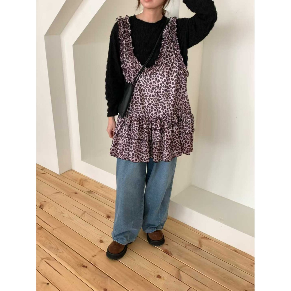 韓國女裝 Venti  豹紋層次蕾絲滾邊背心裙-細節圖6