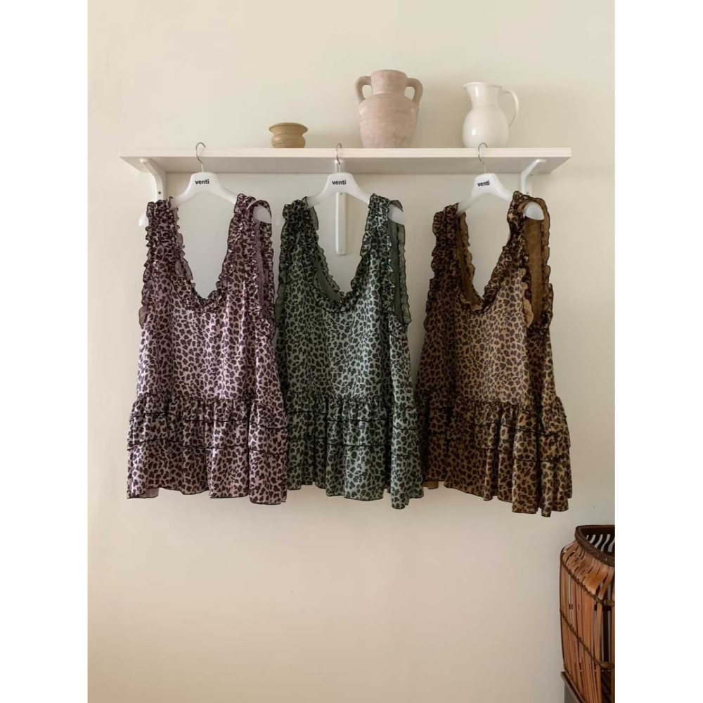 韓國女裝 Venti  豹紋層次蕾絲滾邊背心裙-細節圖7