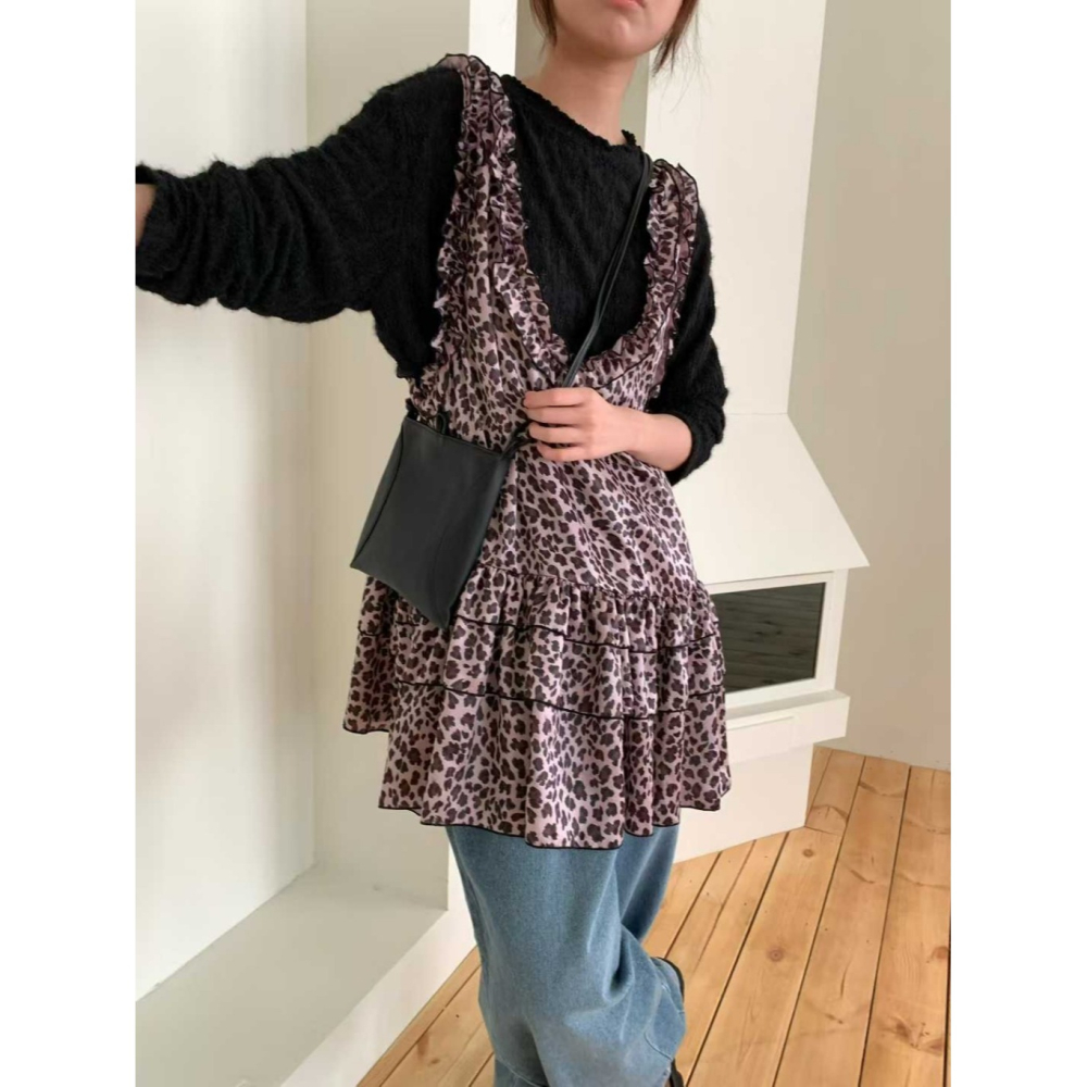 韓國女裝 Venti  豹紋層次蕾絲滾邊背心裙-細節圖9