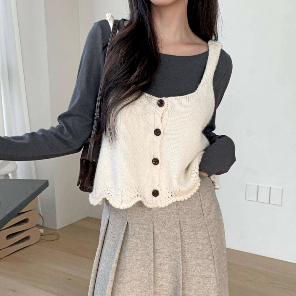 韓國女裝 Sf  吊帶針織波浪下擺娃娃造型背心-細節圖10