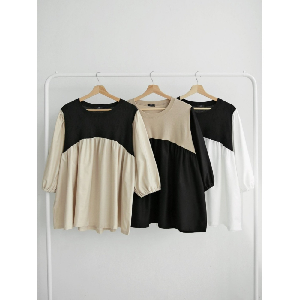 韓國女裝 Amy 撞色拼接寬鬆壓摺傘狀襯衫型上衣-細節圖2