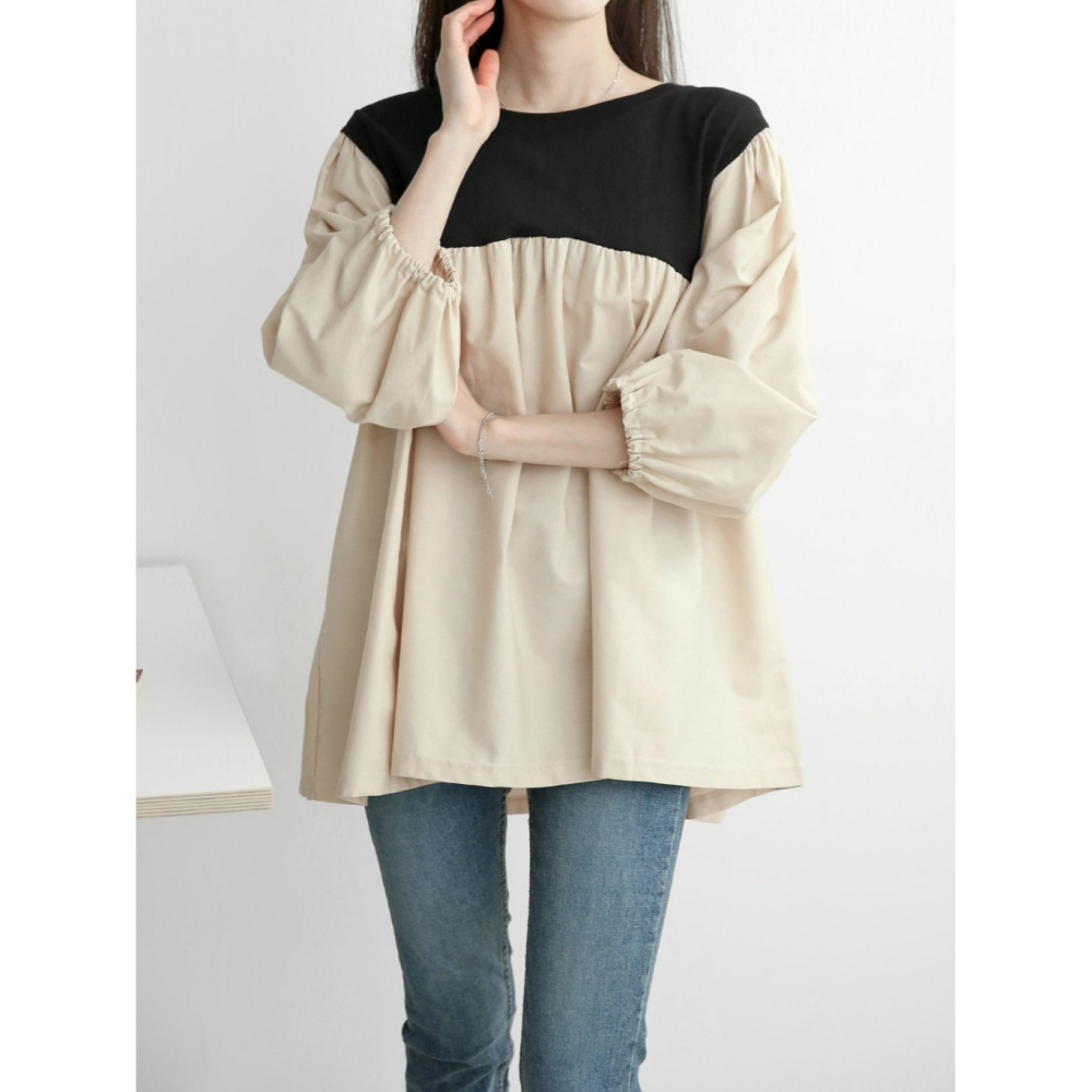 韓國女裝 Amy 撞色拼接寬鬆壓摺傘狀襯衫型上衣-細節圖5