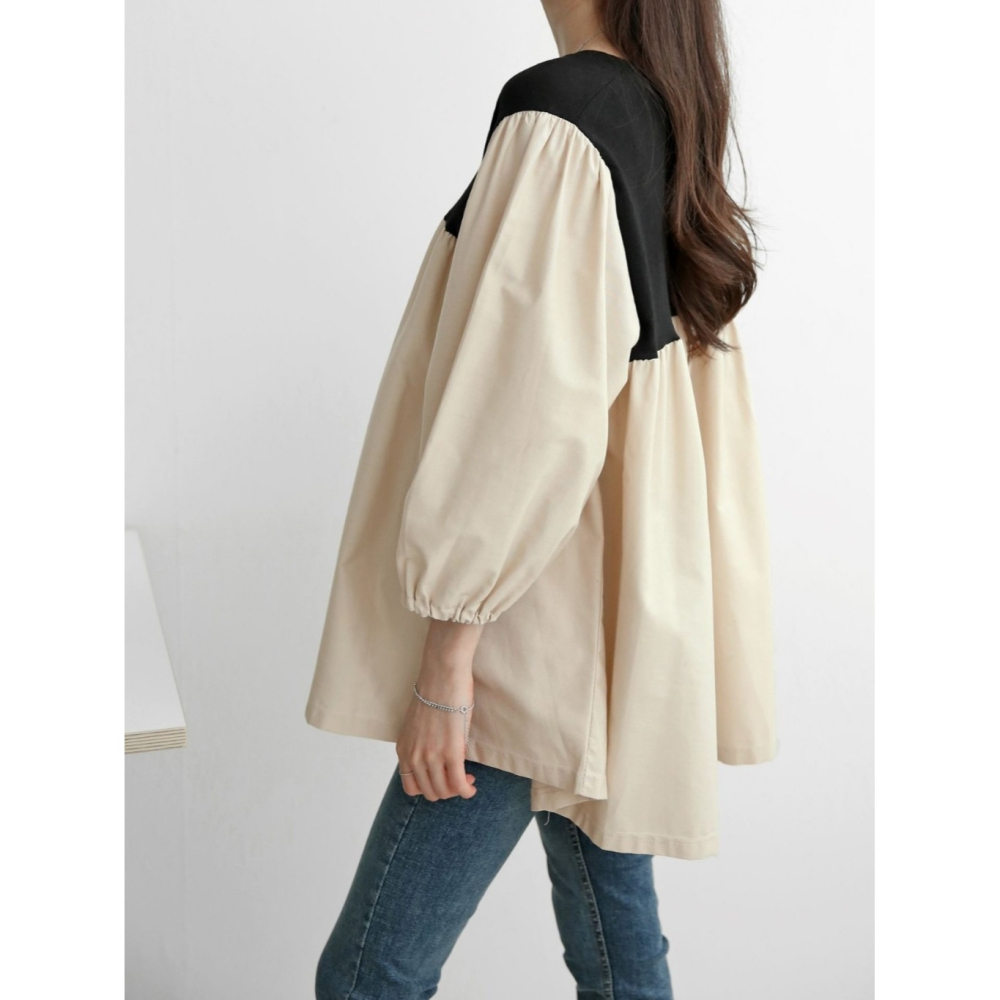 韓國女裝 Amy 撞色拼接寬鬆壓摺傘狀襯衫型上衣-細節圖6