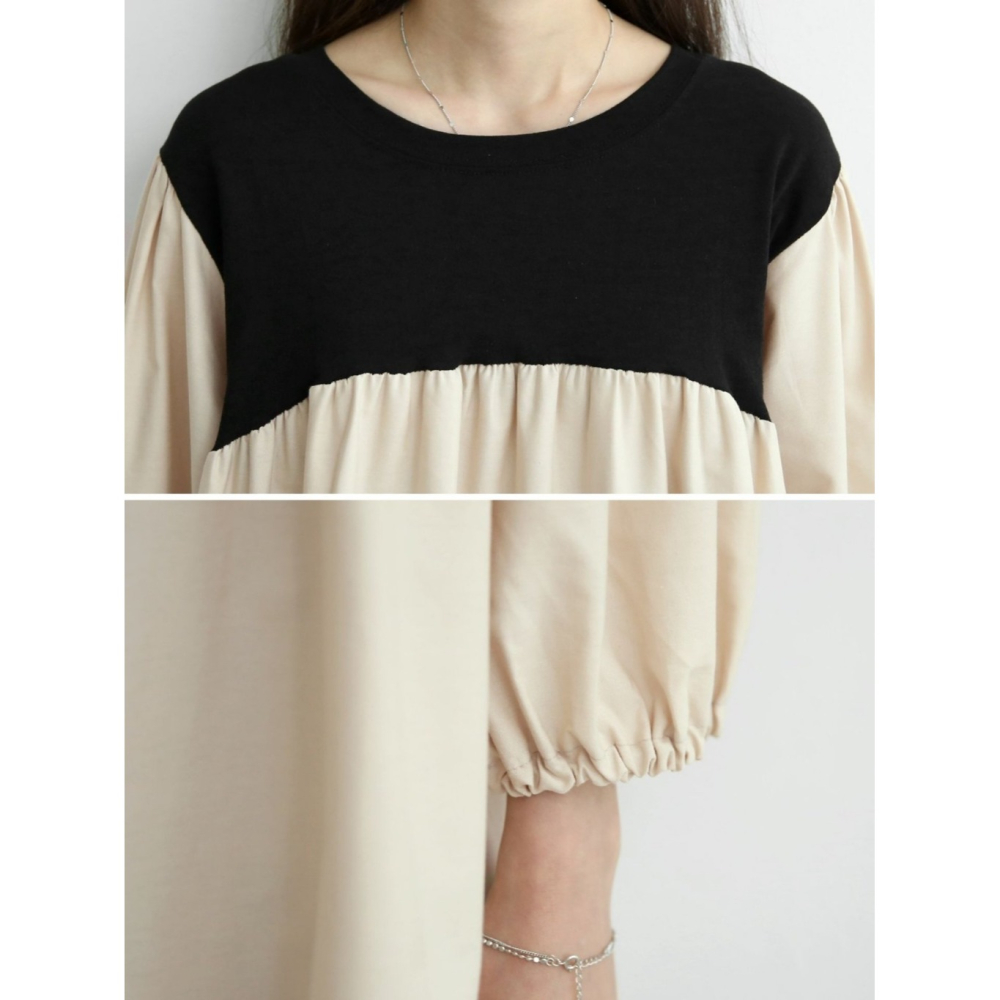 韓國女裝 Amy 撞色拼接寬鬆壓摺傘狀襯衫型上衣-細節圖7