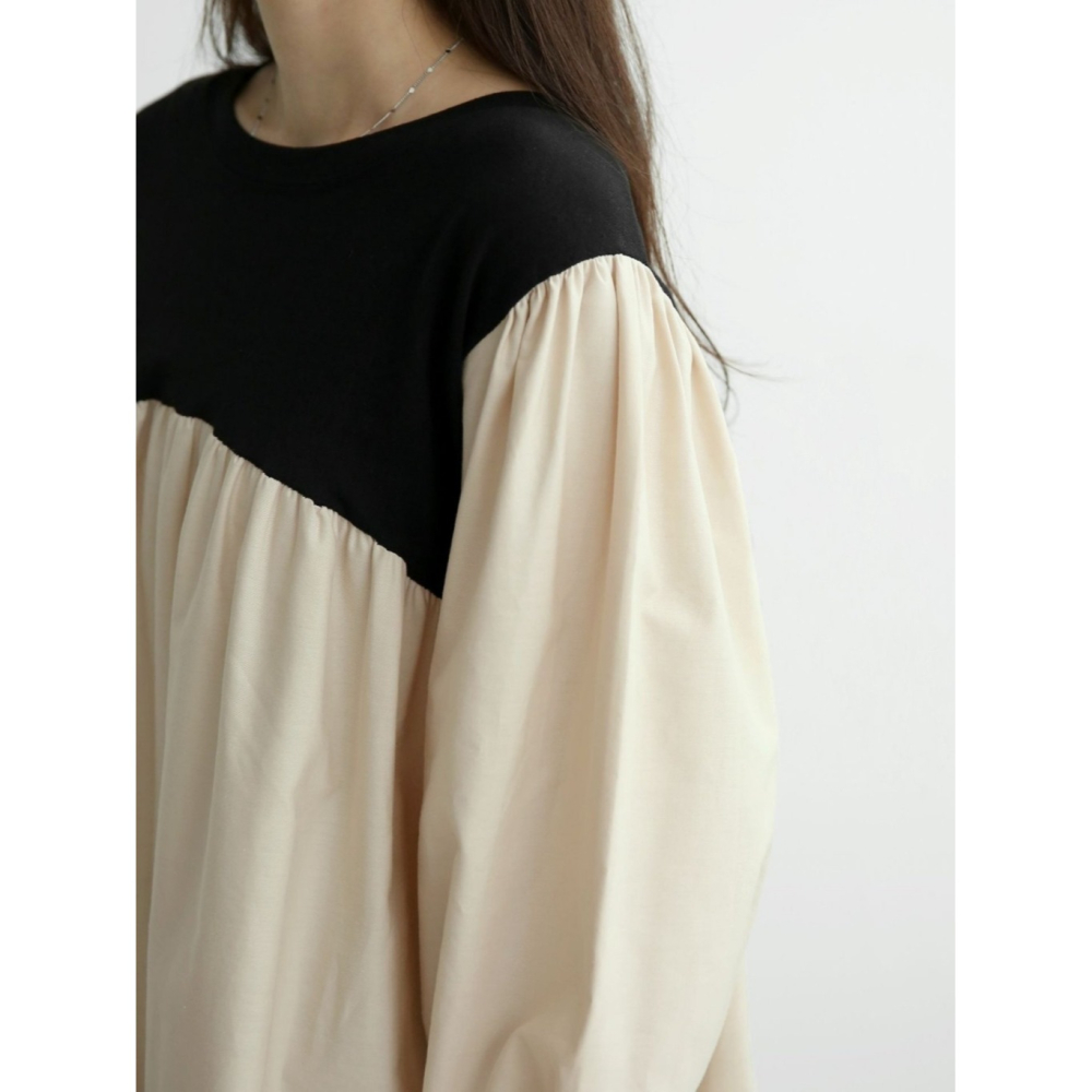 韓國女裝 Amy 撞色拼接寬鬆壓摺傘狀襯衫型上衣-細節圖8