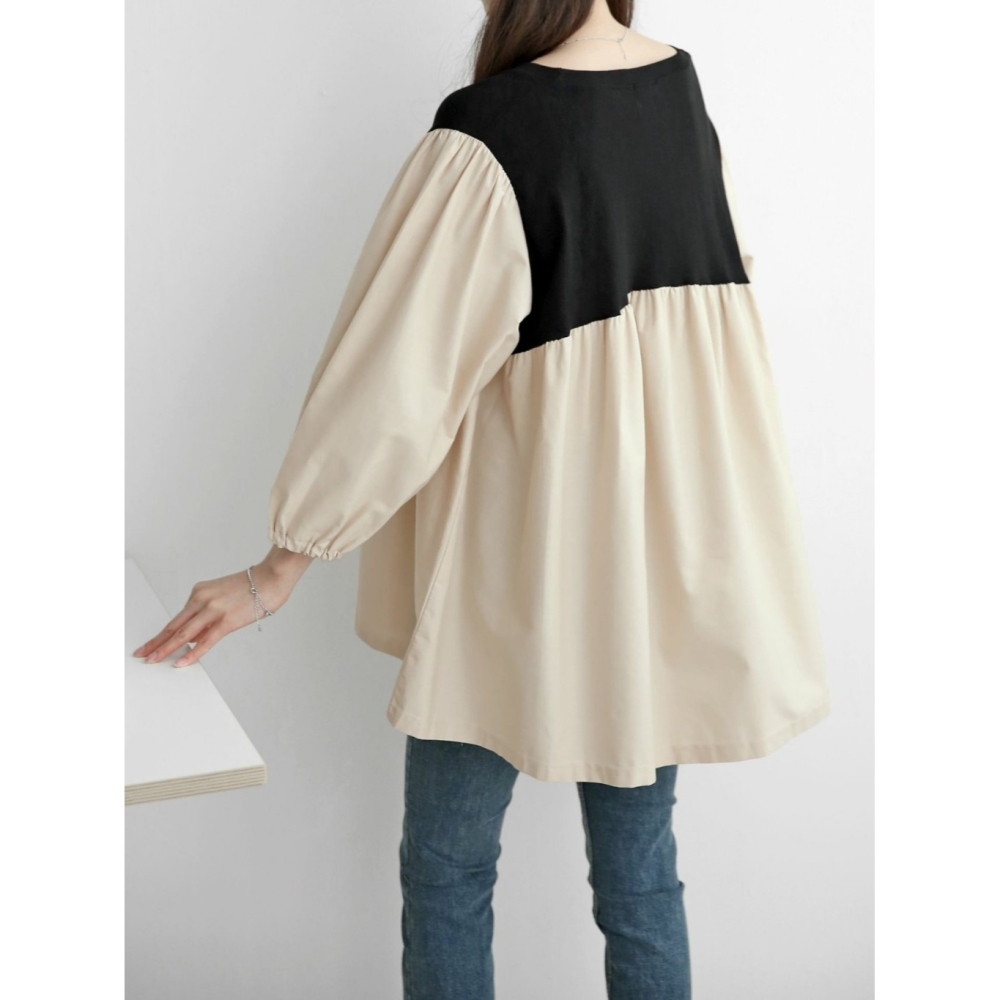 韓國女裝 Amy 撞色拼接寬鬆壓摺傘狀襯衫型上衣-細節圖11
