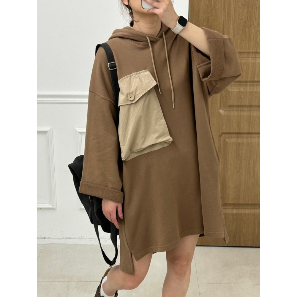 韓國女裝 Kira 大口袋連帽T型長洋衫-細節圖2
