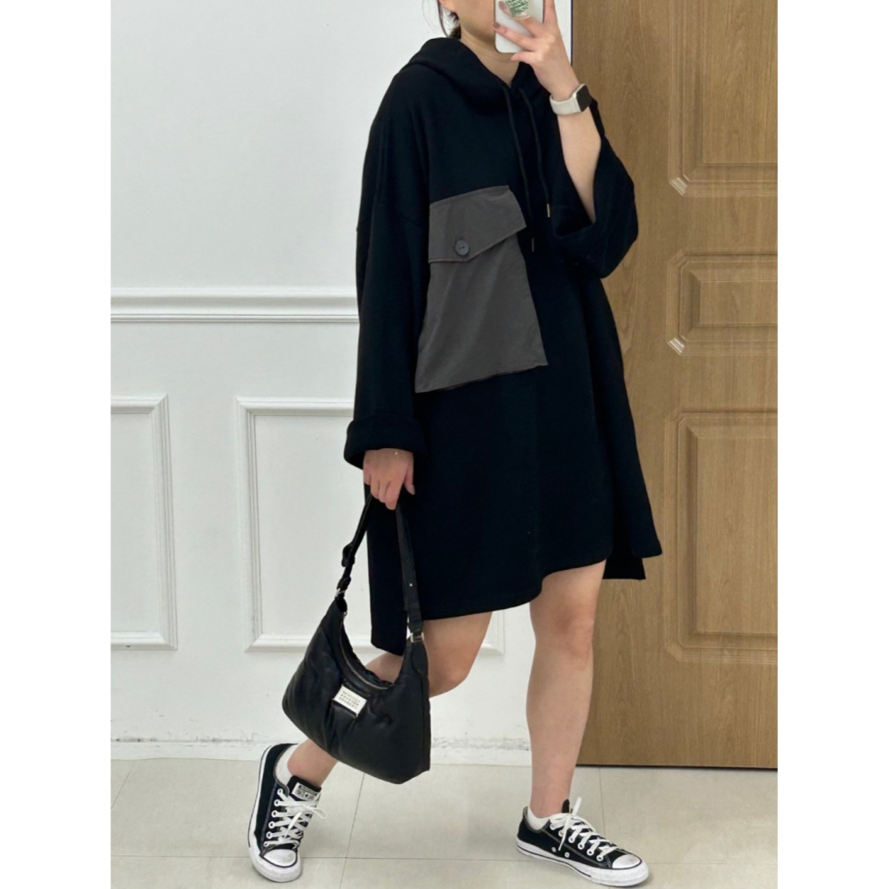 韓國女裝 Kira 大口袋連帽T型長洋衫-細節圖3