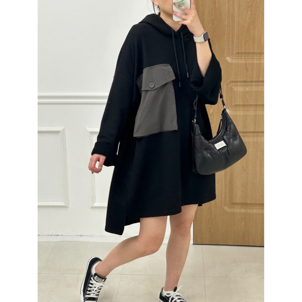 韓國女裝 Kira 大口袋連帽T型長洋衫-細節圖4