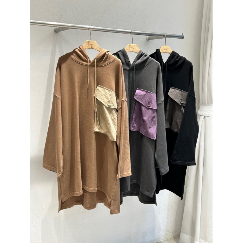 韓國女裝 Kira 大口袋連帽T型長洋衫-細節圖5