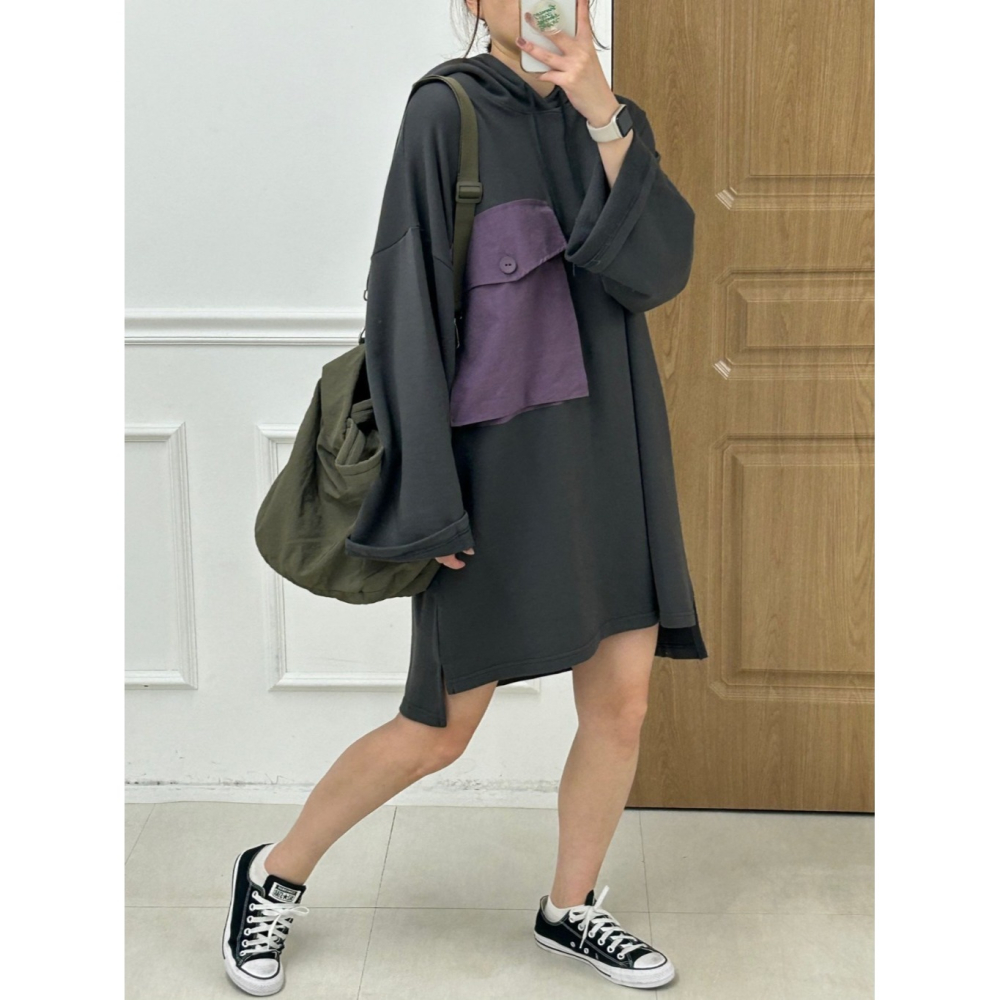 韓國女裝 Kira 大口袋連帽T型長洋衫-細節圖8