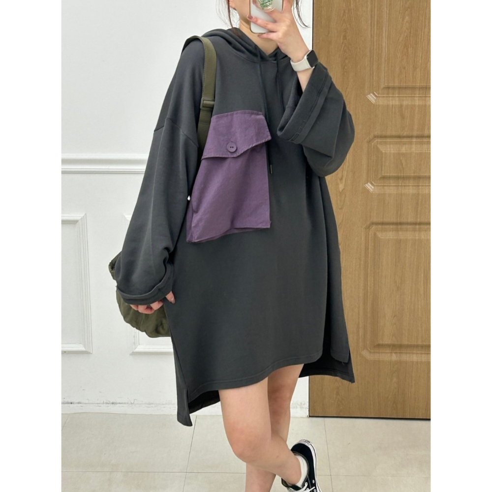 韓國女裝 Kira 大口袋連帽T型長洋衫-細節圖9