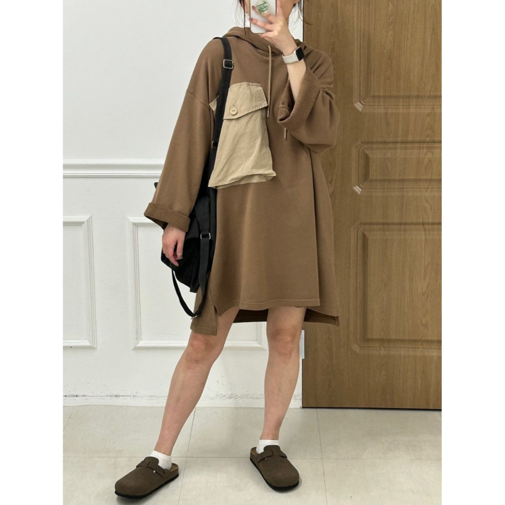 韓國女裝 Kira 大口袋連帽T型長洋衫-細節圖10