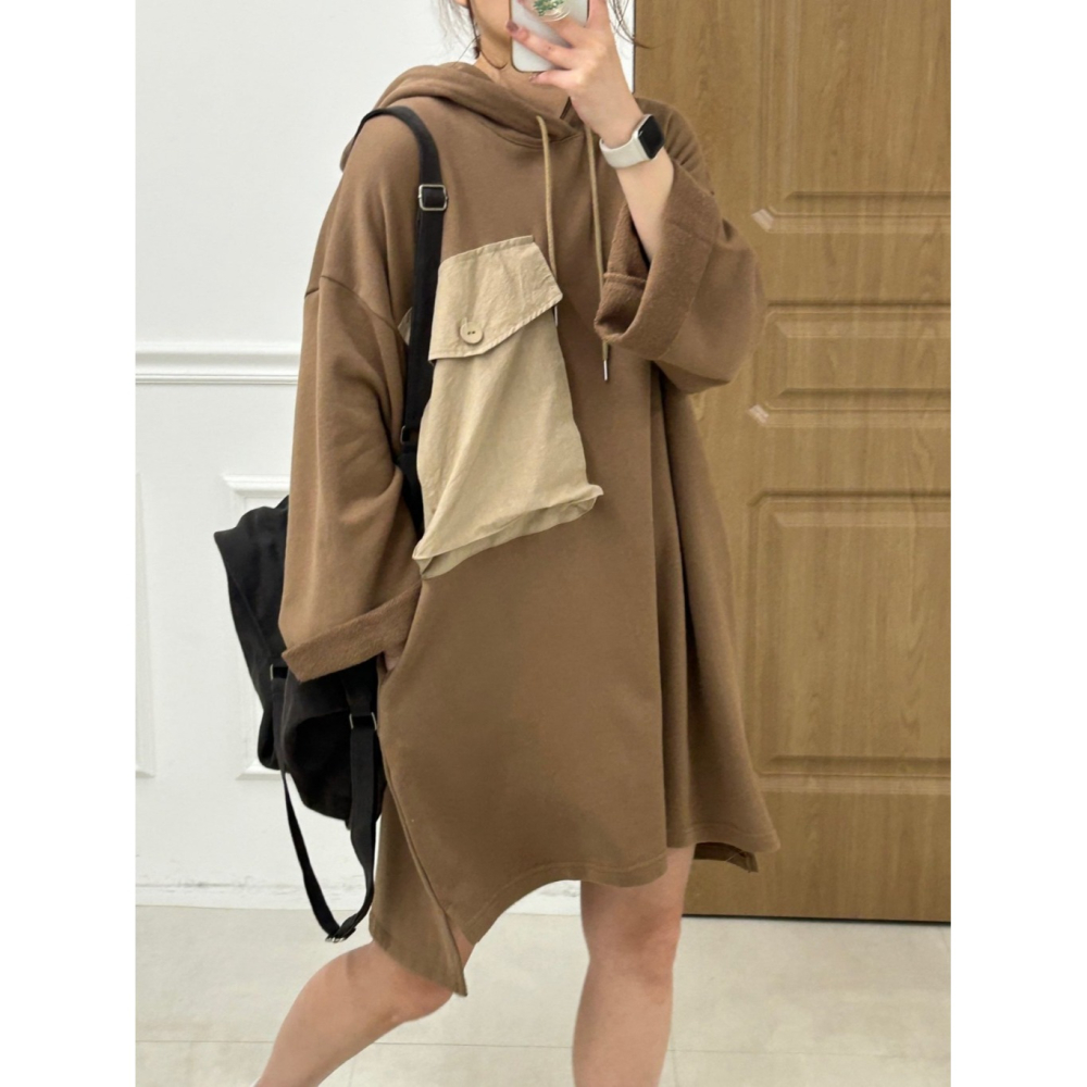 韓國女裝 Kira 大口袋連帽T型長洋衫-細節圖11