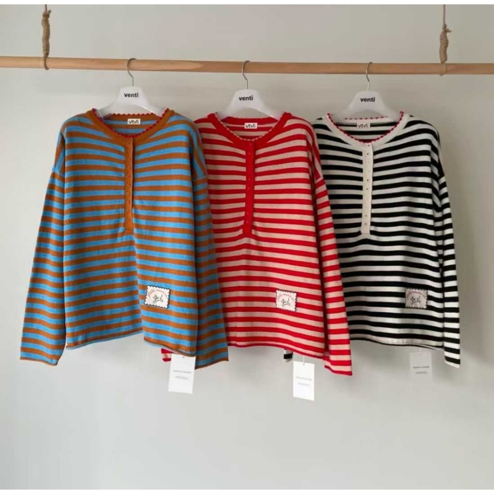 韓國女裝 Venti 百搭系列微亨利扣領條紋長袖T恤-細節圖3