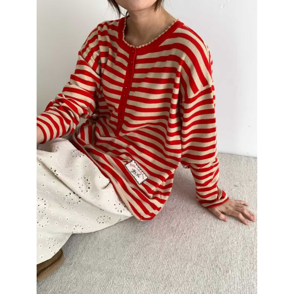 韓國女裝 Venti 百搭系列微亨利扣領條紋長袖T恤-細節圖4