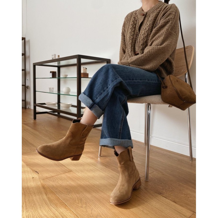 韓國女裝女鞋 sketch in love 麂皮絨面革低跟西部騎士靴-細節圖3