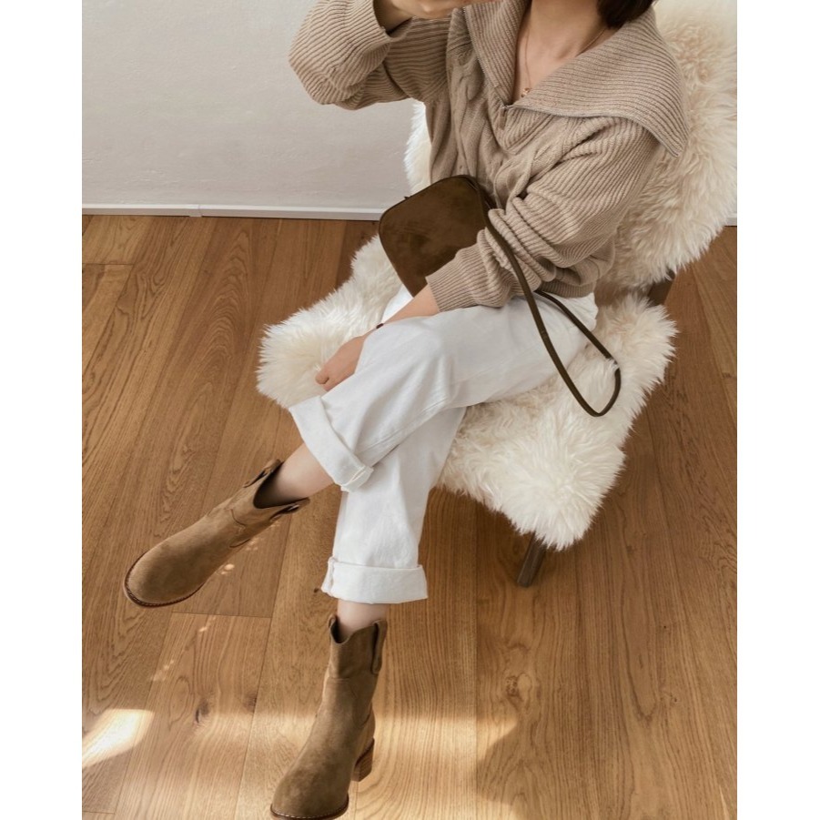 韓國女裝女鞋 sketch in love 麂皮絨面革低跟西部騎士靴-細節圖7