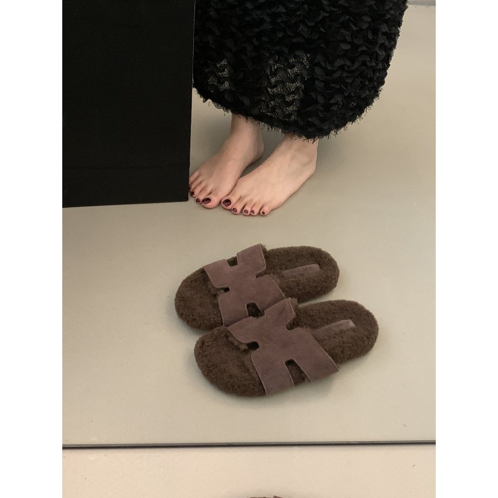✨韓國女裝女鞋  Jming HLRZ 復古H毛絨拖鞋 一字拖-細節圖2