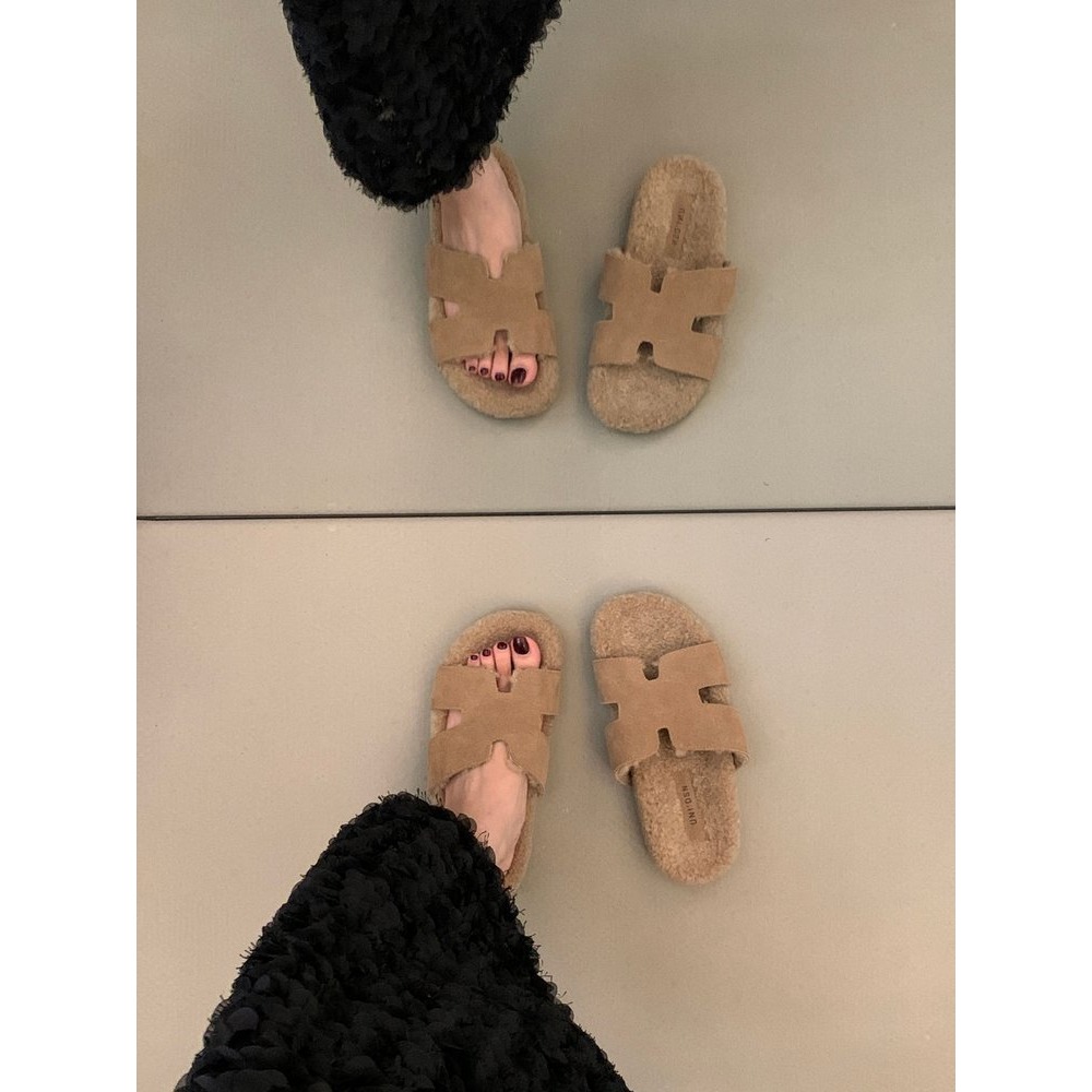 ✨韓國女裝女鞋  Jming HLRZ 復古H毛絨拖鞋 一字拖-細節圖3