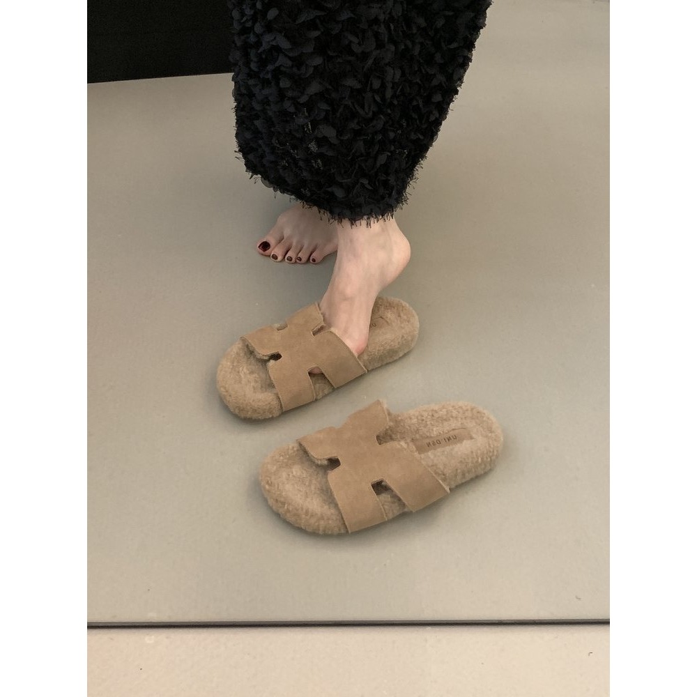 ✨韓國女裝女鞋  Jming HLRZ 復古H毛絨拖鞋 一字拖-細節圖4