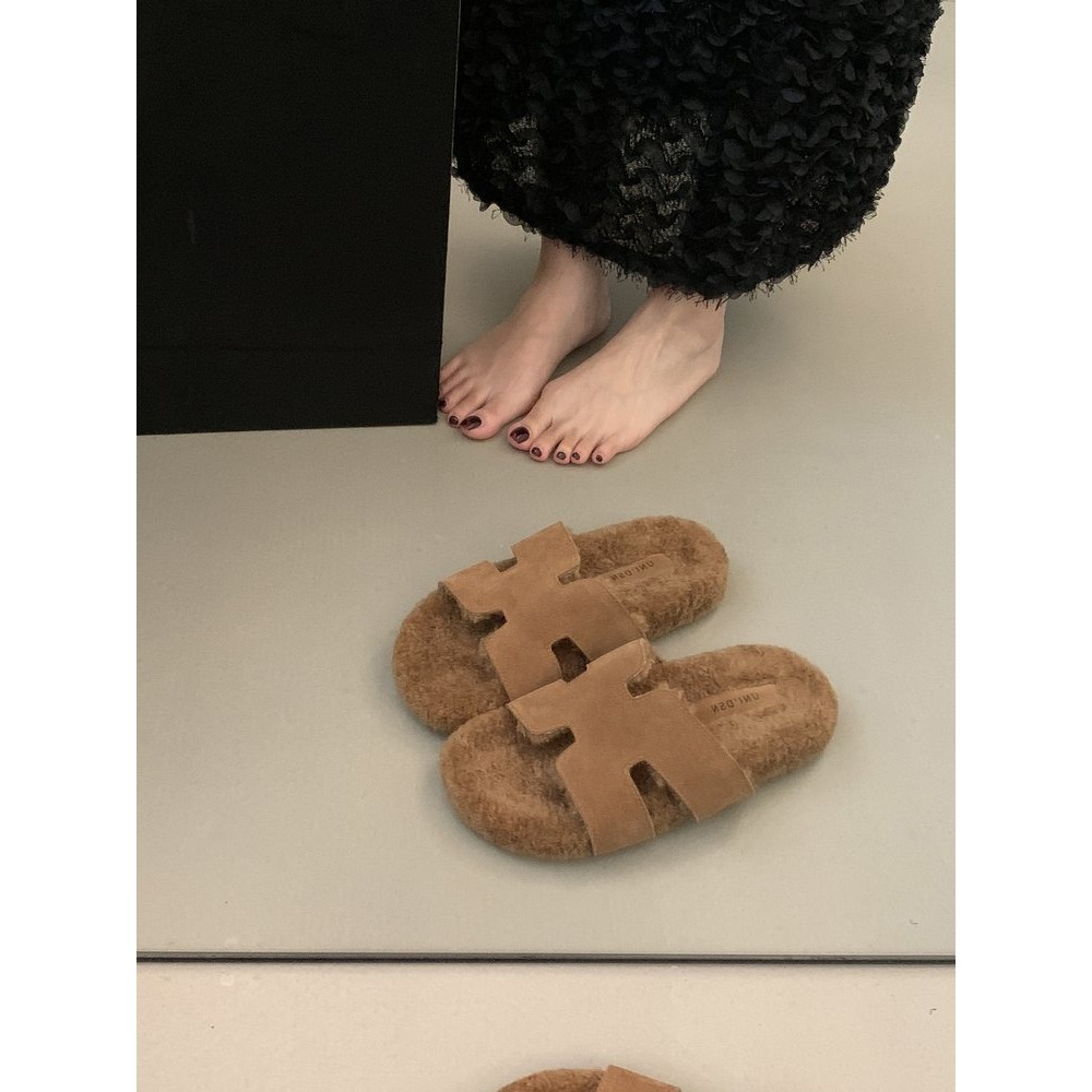 ✨韓國女裝女鞋  Jming HLRZ 復古H毛絨拖鞋 一字拖-細節圖5