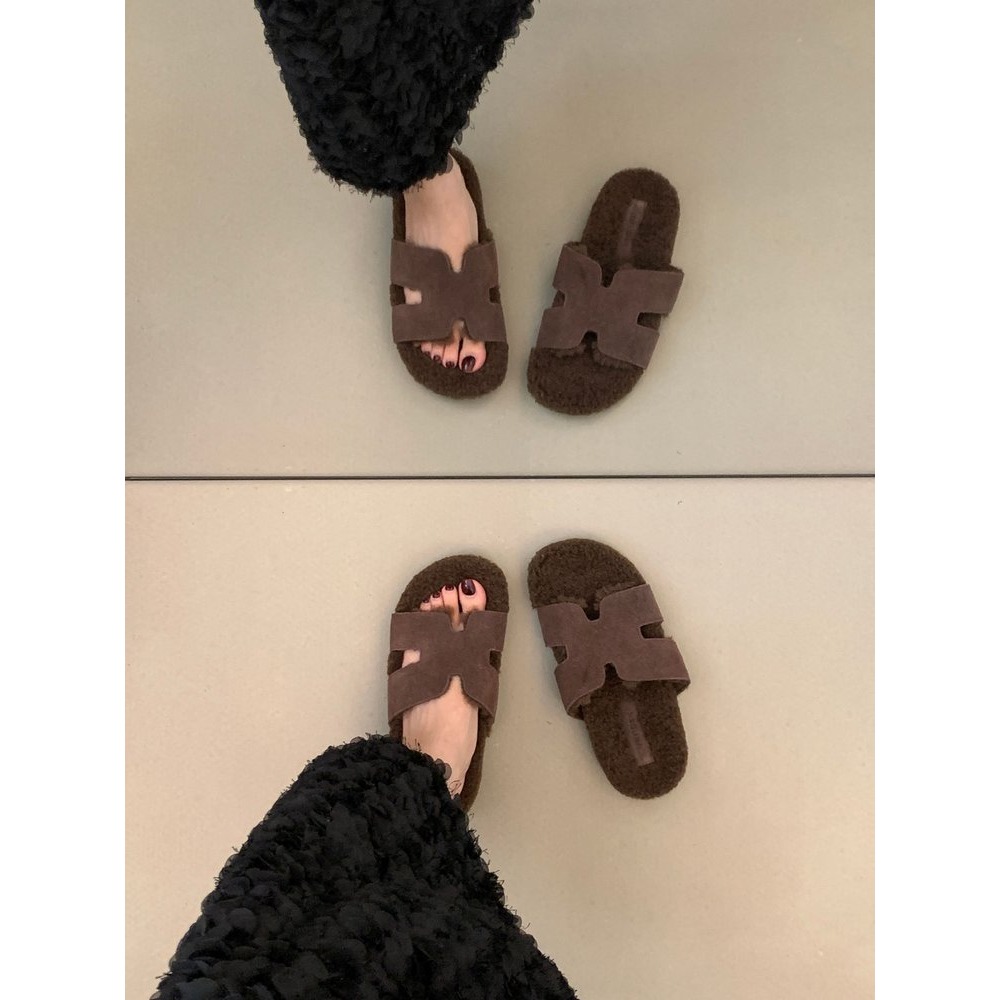 ✨韓國女裝女鞋  Jming HLRZ 復古H毛絨拖鞋 一字拖-細節圖6