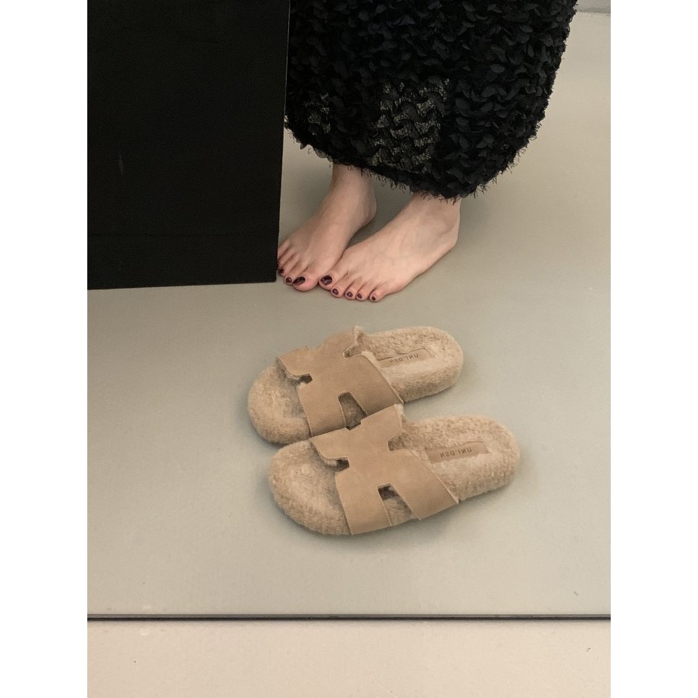 ✨韓國女裝女鞋  Jming HLRZ 復古H毛絨拖鞋 一字拖-細節圖7